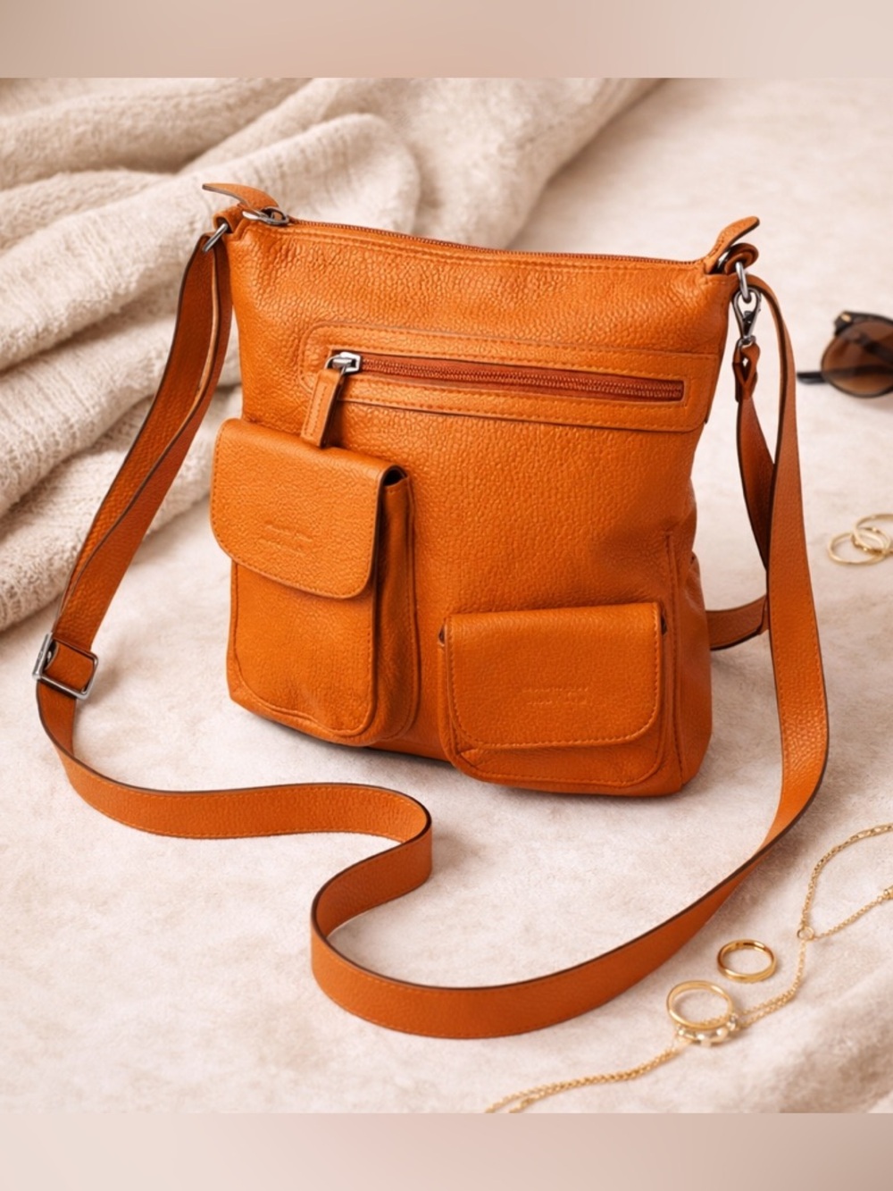 Laurent Effel St Barth Orange Leather shoulder bag pebble leather crossbody